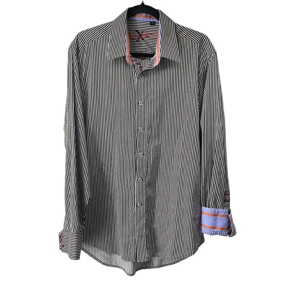 Robert Graham X flip cuff striped button down shirt business standout suit sz Lg